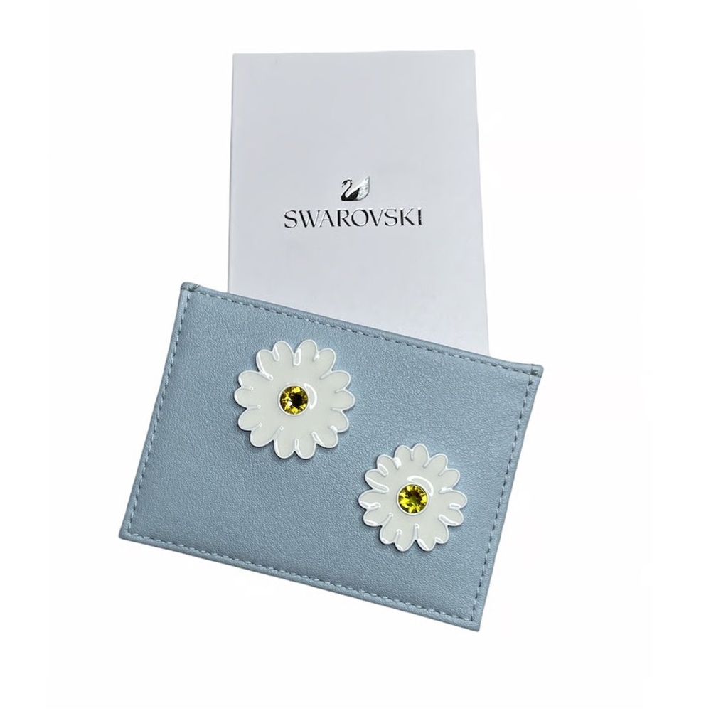 New Swarovski Yellow Daisy Crystal and Sky Blue Leather Card Holder